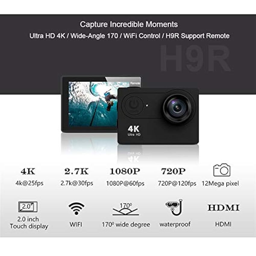 Camera Action H9 / H9R 4K Ultra HD 1080p / 60fps Mini Casque Cam WiFi go étanche Carte Pro 32Go TF Caméra Sport F11.12C (Bundle : Kit 1, Color : H9R) 5tjJBLAL