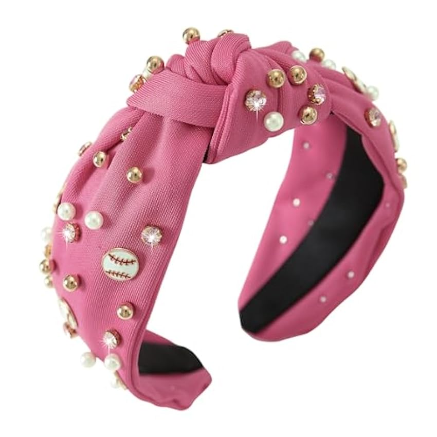 Gmmidea Bandeaux de baseball pour femme avec perles et cristaux noués - Breloque de baseball ornée de strass - Bandeau large - Accessoire pour cheveux - Rose vif yxgHttUE