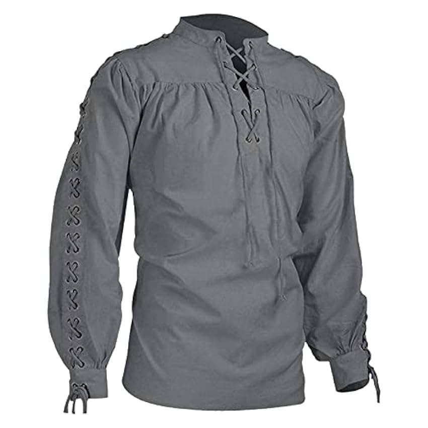 T-shirts de sport pour homme - Taille surdimensionnée - Sweat à manches longues - Col en V - Chemise en lin - Chemise médiévale à lacets - Chemise à col montant en coton noir - T-shirt à manches UjQNoSSn