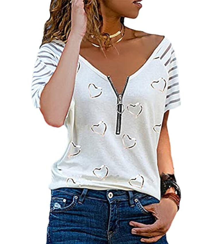 ORANDESIGNE Tee-Shirt Femme Sexy Été Tops Impression de Coeur Manches Court Épaules Dénudées Chic Haut Blouse T-Shirt Grande Taille dKfrbDWb