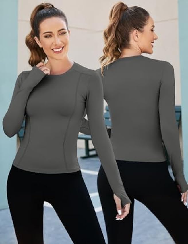IECCP T-shirts d´entraînement basiques sans coutures pour femmes à manches longues haut de yoga sport course respirant haut sportif coupe ajustée pLs0AWQl