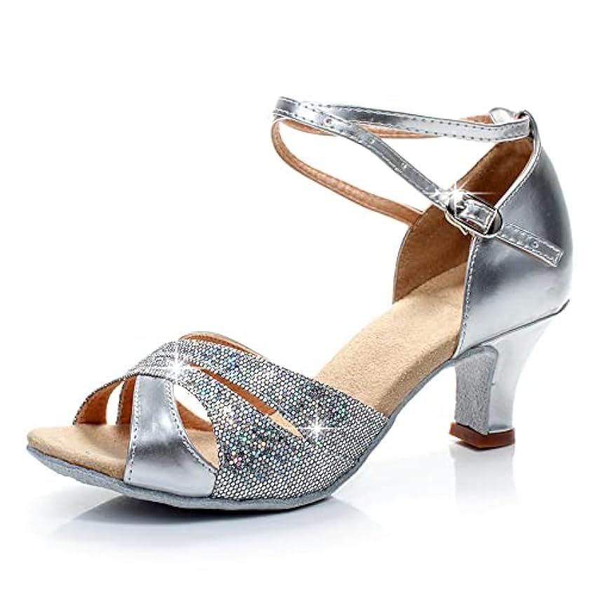 FM2018XSL Chaussures de Latines pour Femme avec Sangle de Cheville 5cm Décoration Paillettes Tango Jazz Rumba Extérieur 6xlMff10