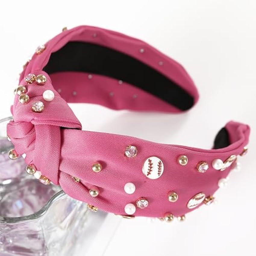 Gmmidea Bandeaux de baseball pour femme avec perles et cristaux noués - Breloque de baseball ornée de strass - Bandeau large - Accessoire pour cheveux - Rose vif yxgHttUE