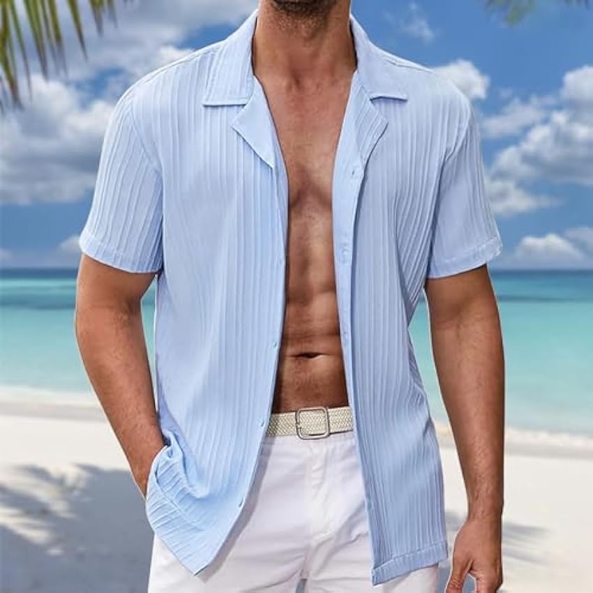 Chemise d´été hawaïenne à manches longues pour homme - Style bohème léger - Col montant - Chemise en lin - Coupe classique - Chemise boutonnée V8ghXYkT