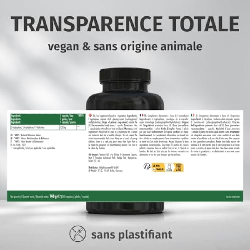L-Tryptophane - Hautement dosé : 700 mg par gélule - 180 gélules - 6 mois de stock - Végétalien et sans additifs Green Naturals® x3V7JP2K