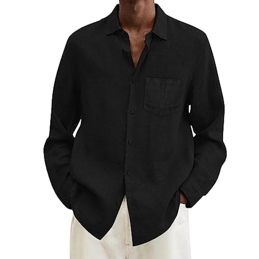 Chemise en lin pour homme - T-shirt à manches longues avec poche de poitrine - Henley - Chemise à manches longues - Chemise d´affaires pour homme - Chemise Henley en coton - Chemise de loisirs fAUEISVu