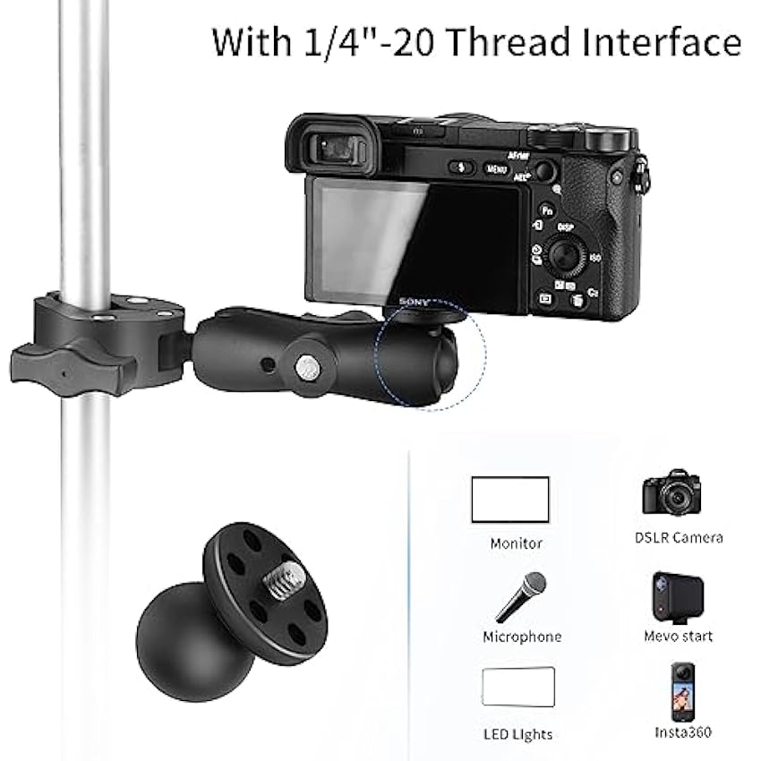 SWAWIS 3 en 1 Support de Caméra d´action pour Tiges 14~44mm, 360° Support de Caméra Moto pour Adaptateur Gopro, Filetage 1/4