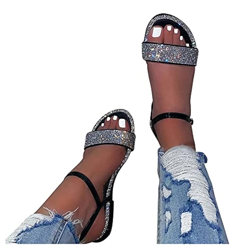 Chaussures d´extérieur à sangle d´été décontractées sandales rondes pour femme avec boucle plate en cristal et paillettes pour mariage KEOzj8xn