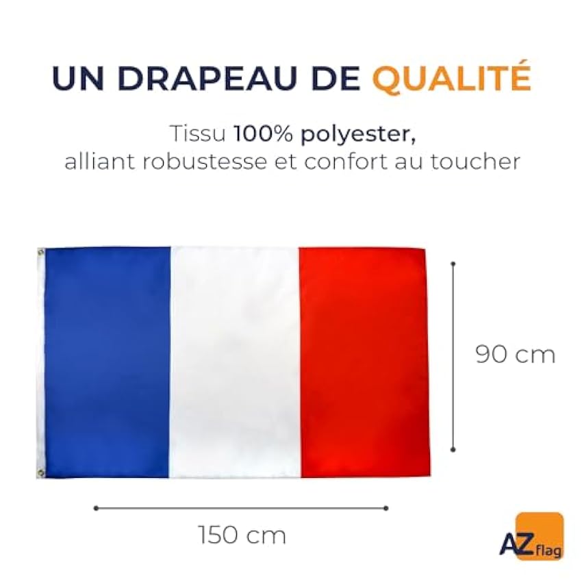 AZ FLAG - Drapeau France - 150x90 cm - Drapeau Français 100% Polyester Avec Oeillets Métalliques Intégrés - Pavillon 110 g 2A0UT4cb