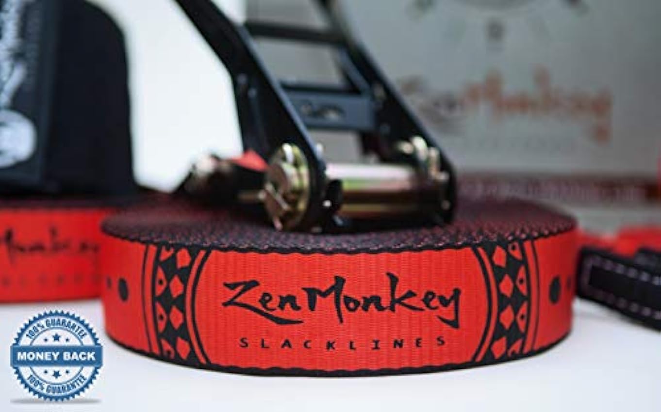 ZenMonkey Slackline Kit avec ligne d´entraînement aérienne, entraîneur de bras, protections d´arbre, sac de transport en tissu et instructions (français non garanti), 18,2 m – Installation facile pour AZct7JXG