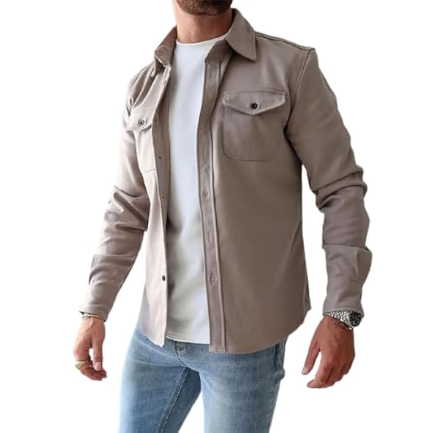 LXURY Veste chemise boutonnée pour hommes, manteau de travail en coton, surchemise boutonnée, coupe ajustée à manches longues pour hommes c0x83N9i