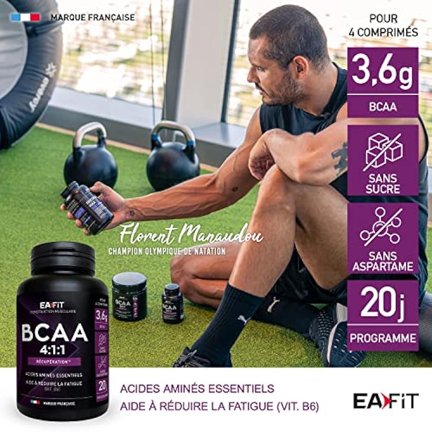 EAFIT - BCAA 4.1.1 - Recuperation musculaire et réduction de la fatigue en pre-workout, sans sucres - Musculation, Fitness et autres sport - Présence de vitamines et magnesium - Comprimés 80 fjbmZwMU
