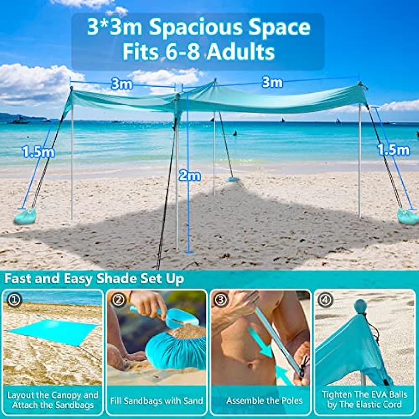 Tente de Plage Anti UV UPF50+, DIKI 2,1m x 2,1m Sunshade portative d´auvent avec 4 Pièces Poteaux en Aluminium, 4 ancrages de Sac de Sable, Abri Extérieur pour la Plage, Camping ou Pique-Niques ODZE5nHw