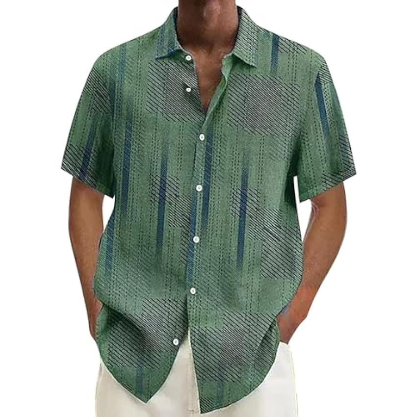 Chemise d´été à manches courtes pour homme - Style bohème léger - Col montant - Chemise en lin - T-shirt pour homme r6aeKThz