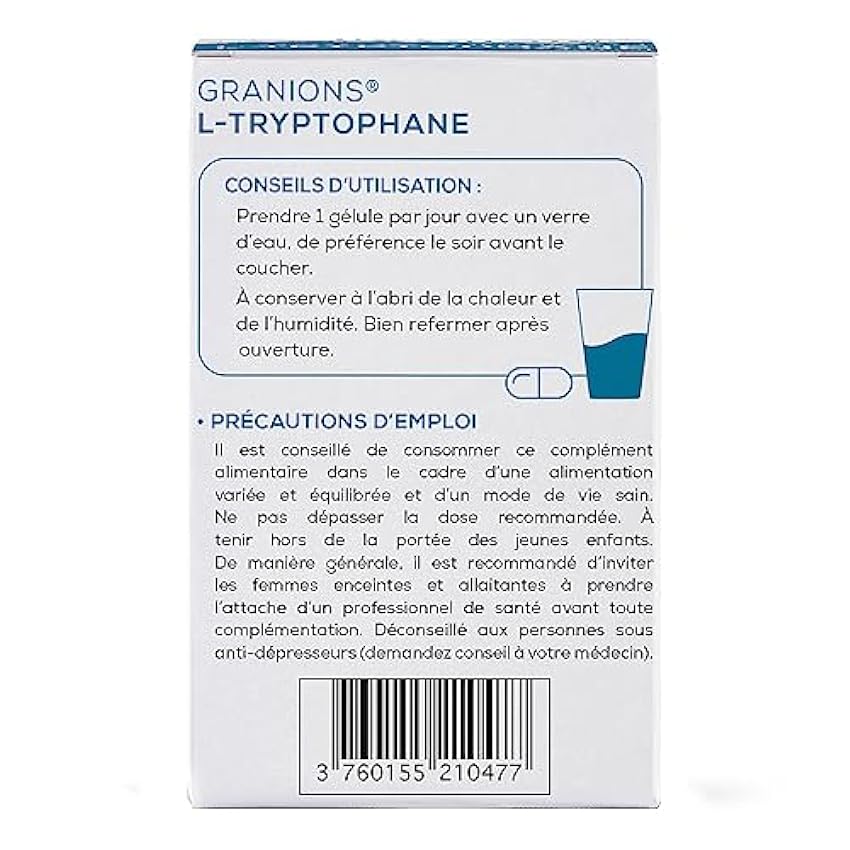 L-Tryptophane GRANIONS | Complement alimentaire serotonine | L-Tryptophane 220mg avec Vitamine B6 + Magnésium | Régulation de l´humeur et du sommeil, coupe faim | Made in France | 60 gélules v43n1qEF