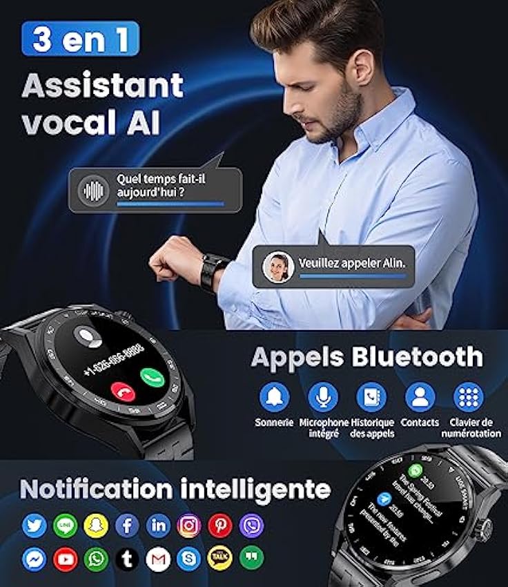 LIGE Montre Connectée Homme avec Appel Bluetooth, 1.39´´ Montre Intelligente Smartwatch avec Assistente Vocale Moniteur de Fréquence Cardiaque Sommeil SpO2, IP68 Étanche Podomètre Calorie, Android iOS fr9DoTqS
