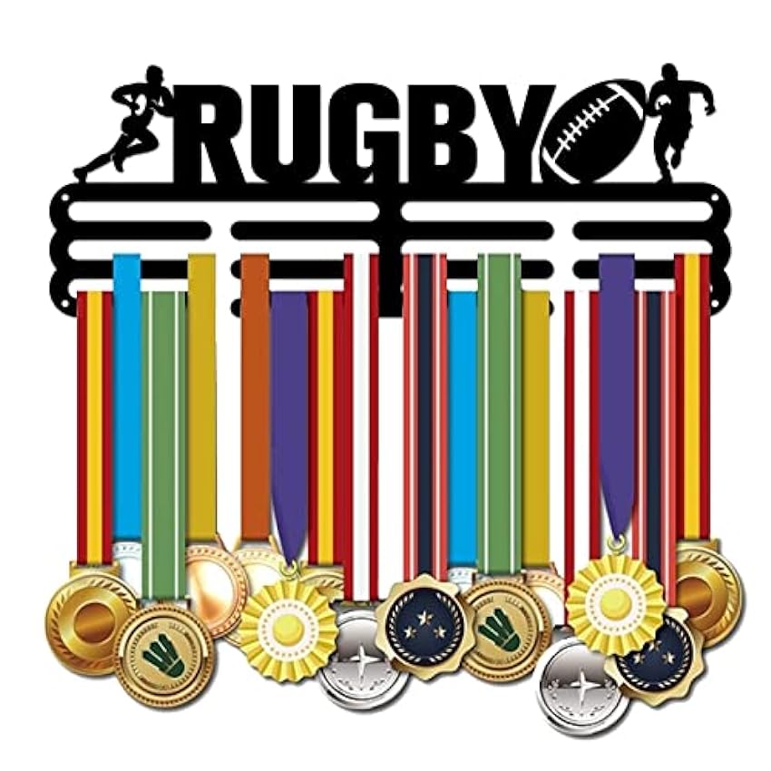 SUPERDANT Porte-Médaille Rugby Motif Médailles Affichage Fer Noir Crochets Muraux pour Compétition Porte-Médaille Affichage Tenture Murale 40x15cm CxV3w3SB