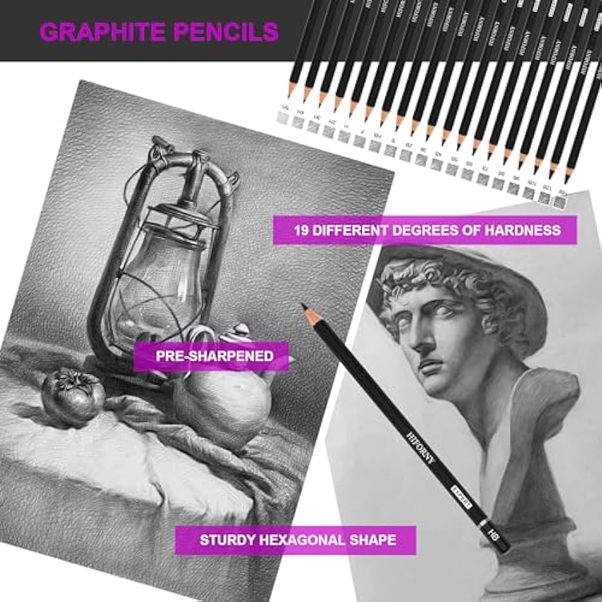 HIFORNY Ensemble de dessin de 70 pièces - Kit de fournitures d´art de crayons à dessin pour adultes, artistes et enfants avec cahier de croquis à 3 couleurs, crayons graphite, pastels rlOCz2Pt