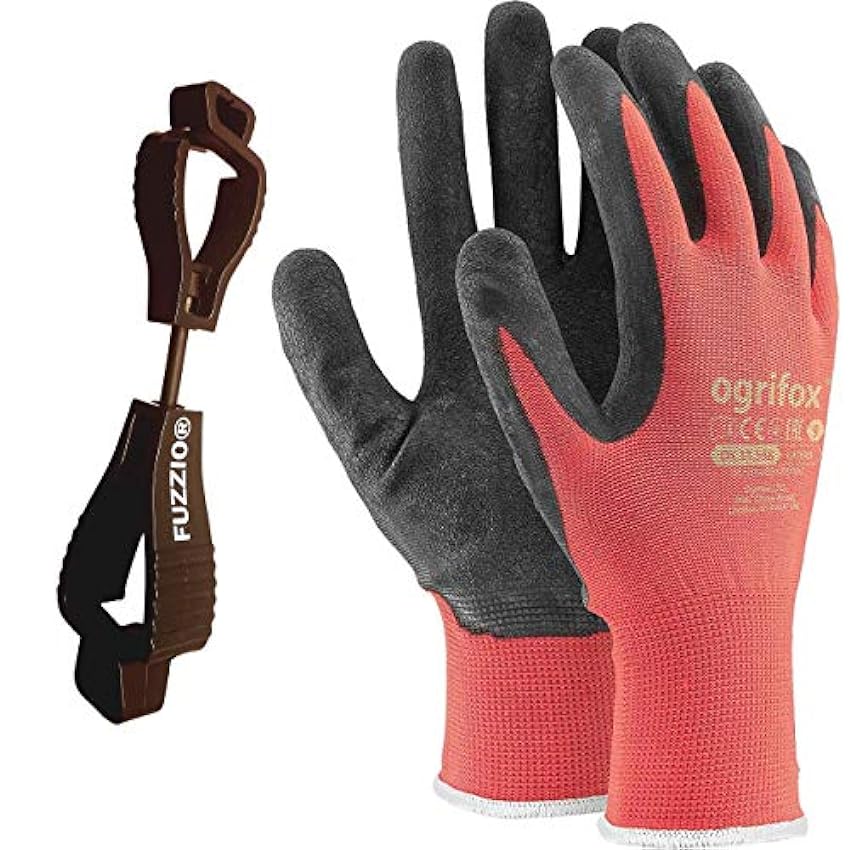 FUZZIO 24 paires de gants de travail Ogrifox enduits et porte-gant avec clip pour gants (XL - 10, Rouge) skXKYGSq