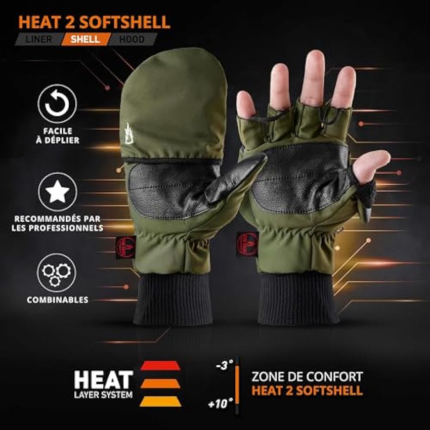 THE HEAT COMPANY - Heat 2 Softshell - Gants tactiles sans Doigts et moufle en Un - Qualité Premium - Gants d´hiver Chauds pour Le vélo & Le Running - Contre Le Froid Pendant Sport & Travail QLBEQmj4