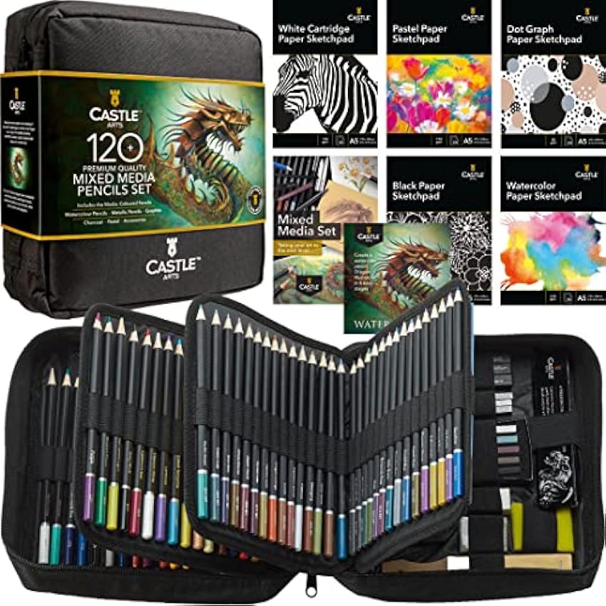 Castle Art Supplies Set Techniques Mixtes | 120+ Crayons de Couleur, Aquarellables, Pastels, Métallisés, Graphites, Fusains | Créativité pour Artistes Adultes, Coloristes | Étui de transport Ordonné bEK9ZUFk