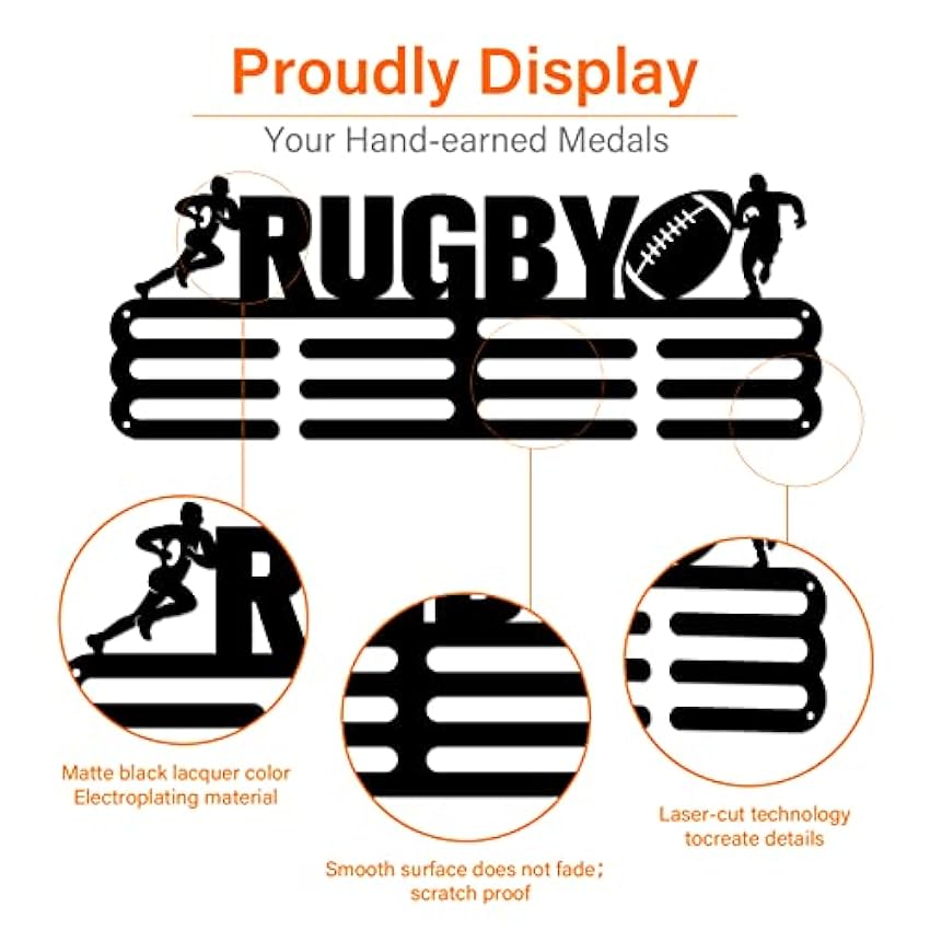 SUPERDANT Porte-Médaille Rugby Motif Médailles Affichage Fer Noir Crochets Muraux pour Compétition Porte-Médaille Affichage Tenture Murale 40x15cm CxV3w3SB