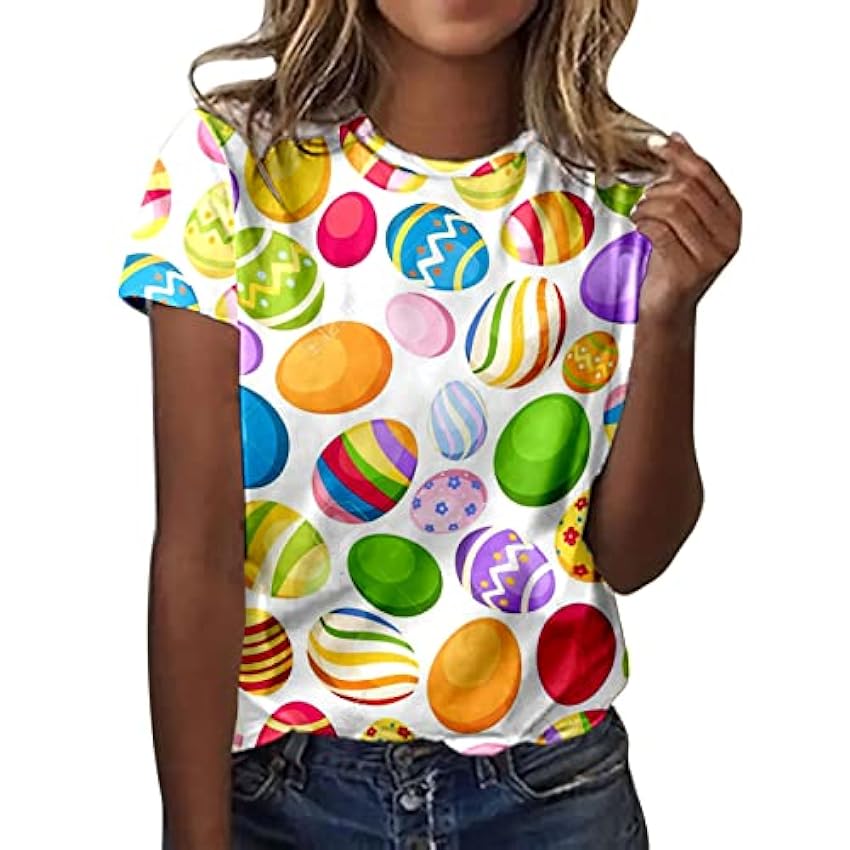AMDOLE Chandails de Pâques pour femmes décontracté col rond chemise à manches courtes Pâques drôle imprimé t-shirt à manches courtes tenues tendance pour femmes 2024 DoiyZHIe