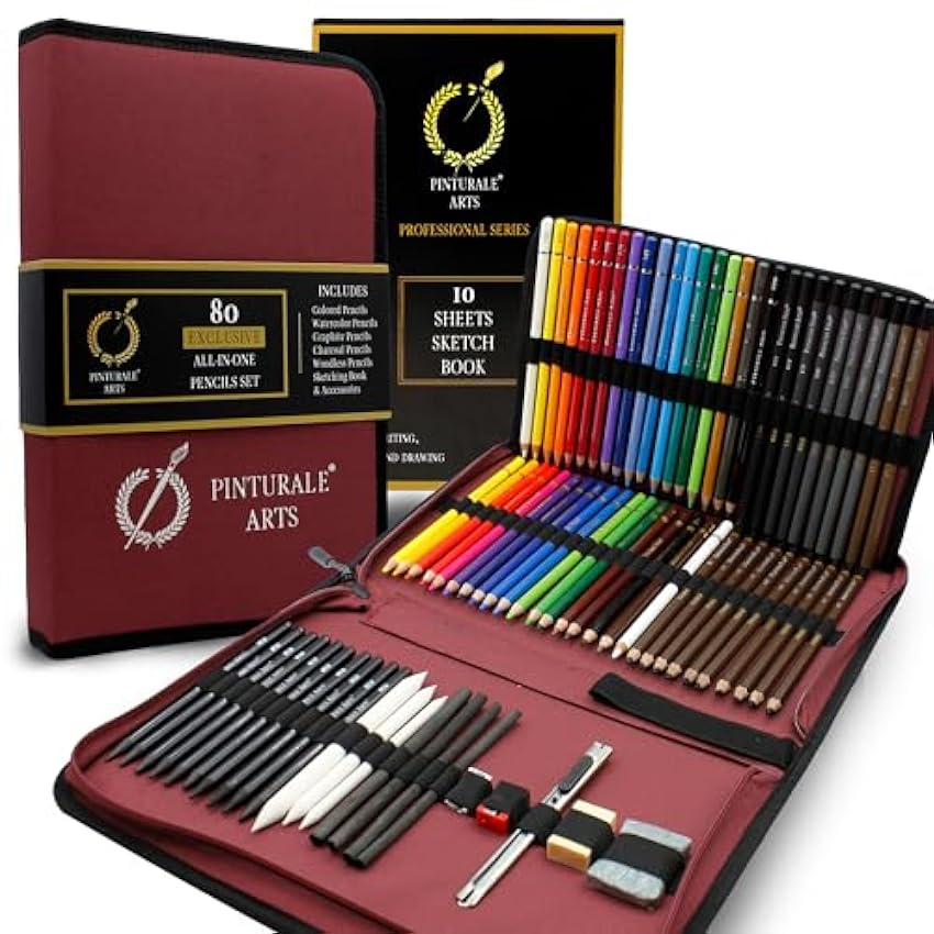 Pinturale Arts Kit Dessin Professionel 80 Crayons et Accessories | Set Materiel Dessin Complet de 18 Crayon de Couleurs, 18 Crayons Aquarellables, 20 Crayon Dessin, 10 Crayon Fusain et Accessories qcxv81MG