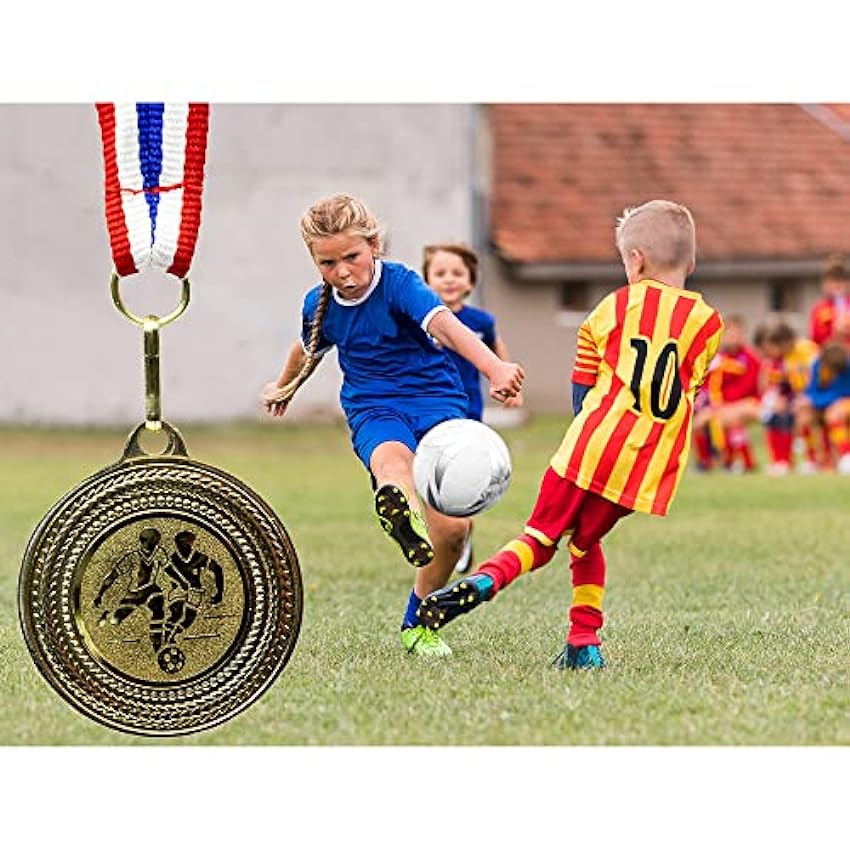 Lot de 10 médailles de Foot d´anniversaire d´enfant en métal avec Ruban et emblème pour Enfants - avec Ruban Bleu Blanc Rouge n1BZetfm