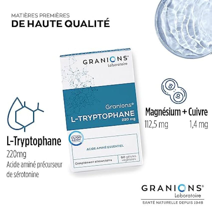 L-Tryptophane GRANIONS | Complement alimentaire serotonine | L-Tryptophane 220mg avec Vitamine B6 + Magnésium | Régulation de l´humeur et du sommeil, coupe faim | Made in France | 60 gélules v43n1qEF