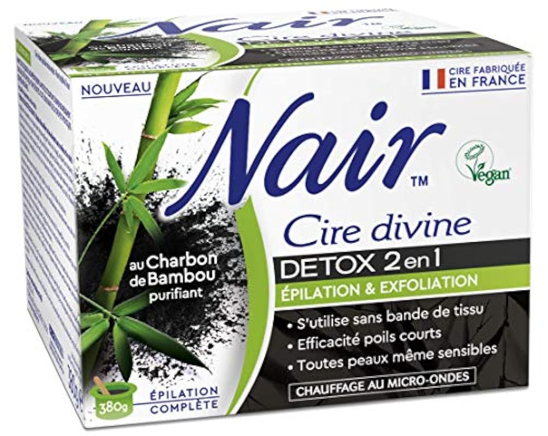 NAIR - Cire Divine Detox 2-en-1 Spécial Corps, Épile & Exfolie la Peau, à l´Extrait de Charbon de Bambou, Se Retire Sans Bandes, Pot de 380g + 2 Lingettes 