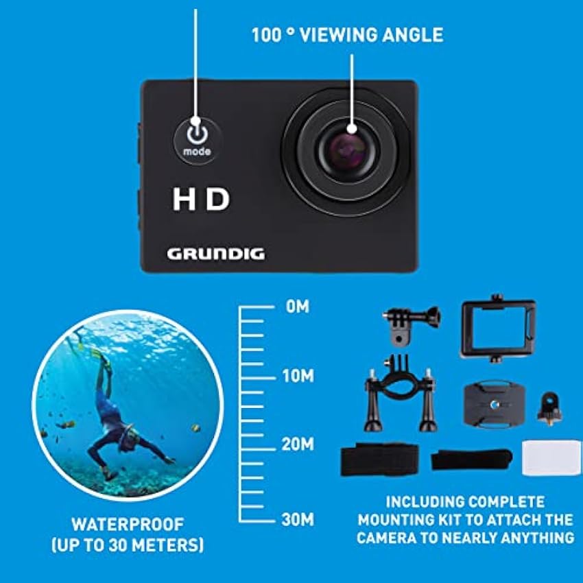 GRUNDIG Caméra d´action HD720P - Caméra sous-Marine - Étanche jusqu´à 30 m - Écran LCD 2