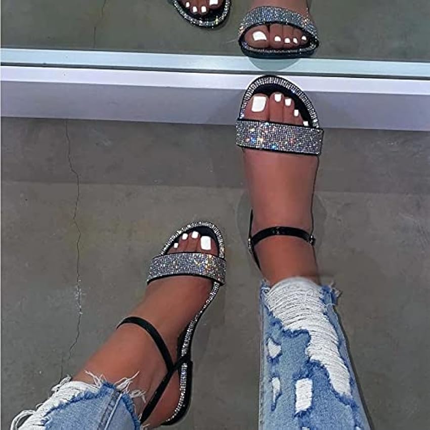 Chaussures d´extérieur à sangle d´été décontractées sandales rondes pour femme avec boucle plate en cristal et paillettes pour mariage KEOzj8xn