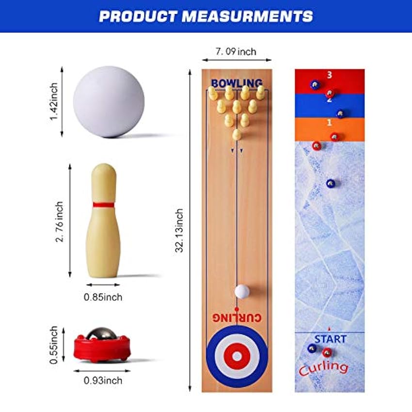 MezoJaoie 3 in 1Table Top Shuffleboard, Curling Game and Bowling Set Portable Family Games for Home& School &Travel, Gift for Child Age 6 and Up, Compact Curling Game for Storage r4NRsIQP