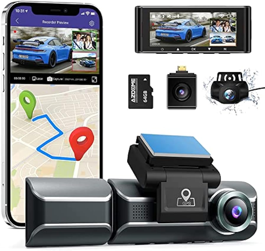 AZDOME Caméra de Voiture Triple 1440P+1080P+1080P, GPS, WiFi, 4K Caméra Embarquée Avant, Night Vision, G-Capteur, WDR, Détection De Mouvement, G‑Sensor, Enregistrement en Boucle, 32G Carte SD(M550) CiMIymt9