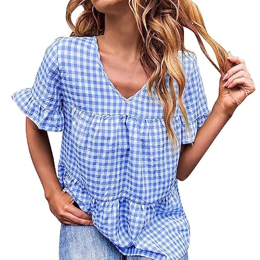 T-shirt d´été tendance pour femme et fille, chemise à volants avec manches courtes, col en V, tunique en coton nPbclENZ